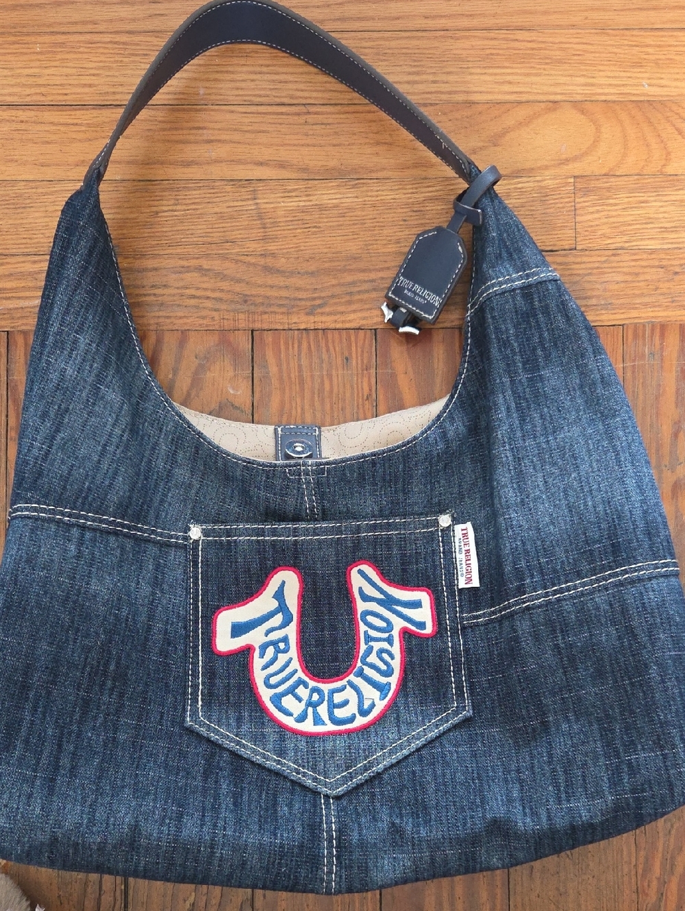 True Religion Dark Blue Denim Shoulder Bag with Red & White Patch
